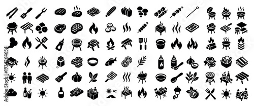 Cooking icons with pan fork and skewer solid