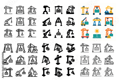 Construction icons with crane container truck minimal