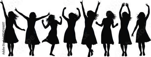 Dancing women silhouettes in energetic party poses, black and white female figures celebrating music and nightlife illustration set