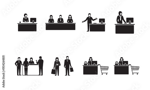 Collection of business and retail related vector illustrations of people working and shopping at counters