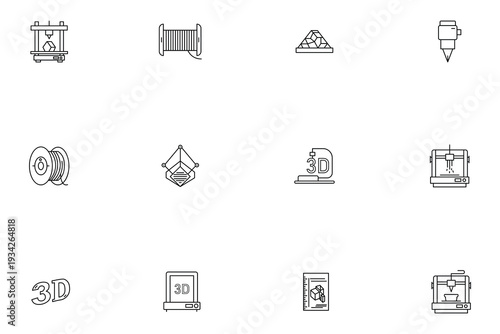 Set of minimalist line art icons featuring 3D printing technology, 3D printers, filament spools, and additive manufacturing equipment for modern tech design