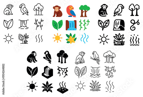 Jungle icons with monkey parrot tree colorful