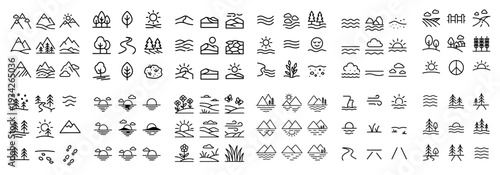 Landscape icons with mountain tree and sun outline minimal