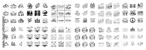 Nature icons with mountain river sun minimal