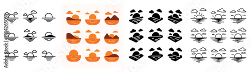 Seascape icons with sun wave horizon minimal