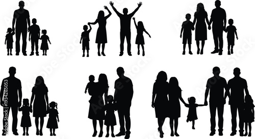 Family silhouettes collection with parents and children standing and walking together, black and white happy family illustration set