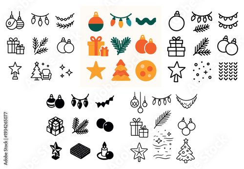 Holiday icons with baubles gifts garlands flat colorful