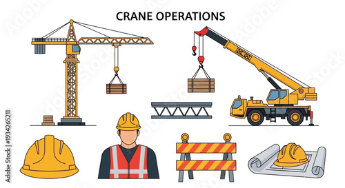 Flat lay illustration of crane operations with construction worker and equipment