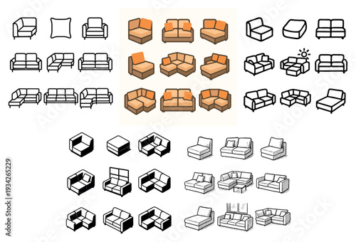 Sofa icons with armchair corner couch colorful