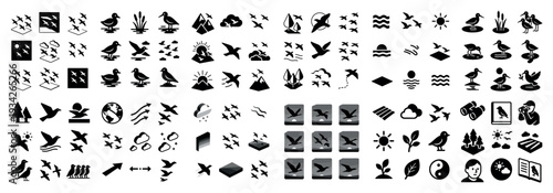 Nature icons with birds reeds water minimal