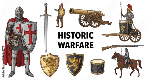 Collection of medieval warfare illustrations with knight, cannon, and horse on white background