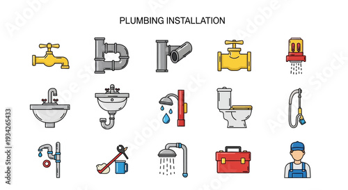 Graphic illustration set of plumbing installation icons on white background