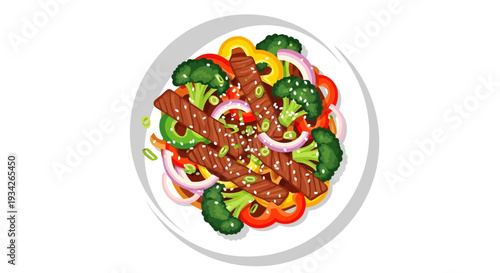 Overhead view of a plate of stir-fried vegetables and meat on a white background.