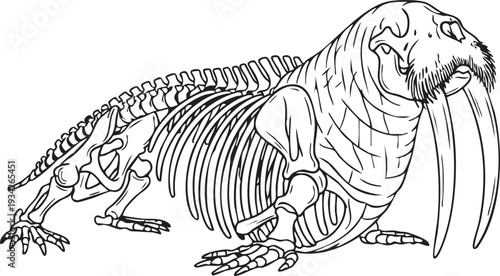 Anatomical drawing of a walrus skeleton with body outline and prominent tusks, perfect for marine biology and arctic studies.