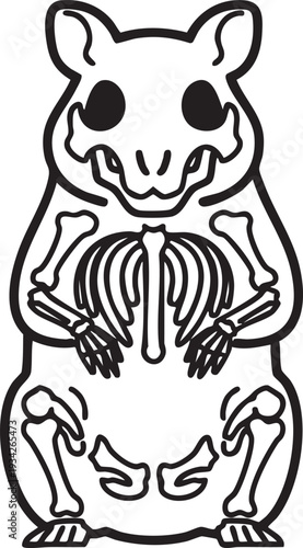 Cute cartoon hamster skeleton standing upright, showing internal bone structure in a simple black and white line art illustration for educational and halloween themes.