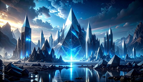 Crystal spires piercing the sky, reflecting blue light, surrounded by rocky landscape and serene water body