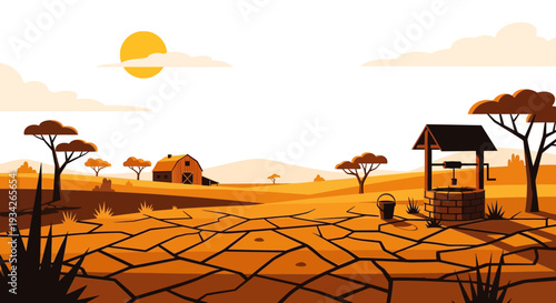 Illustration of a parched landscape with cracked earth, trees, and a well under a bright orange sun with a dry, cracked ground and a hut in the background.
