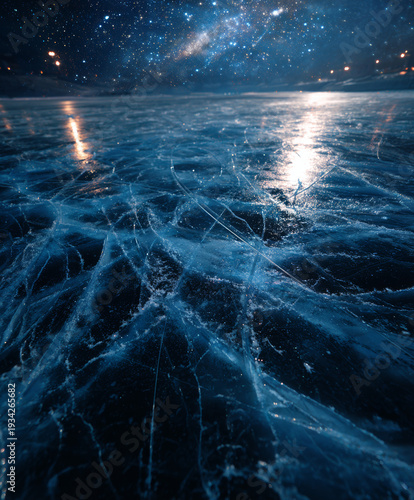 Abstract aerial view of skate marks on ice with colorful lighting