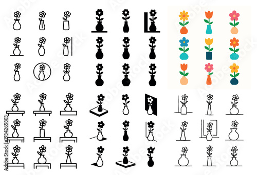 Botanical icons with vase stem bloom outline