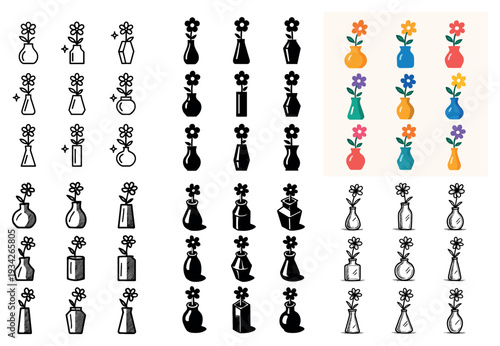 Floral icons with vase bud stem sketchy