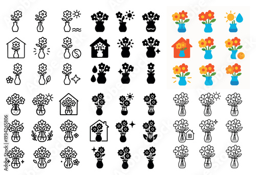 Floral icons with vase bouquet colorful flat