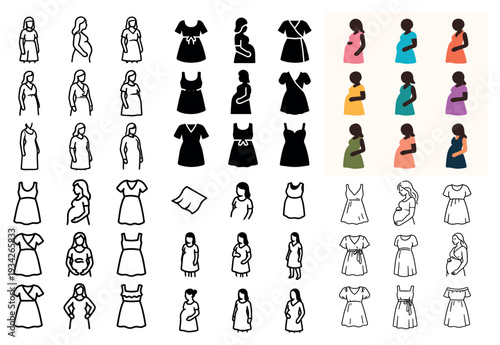 Maternity icons with dress pregnant woman outline