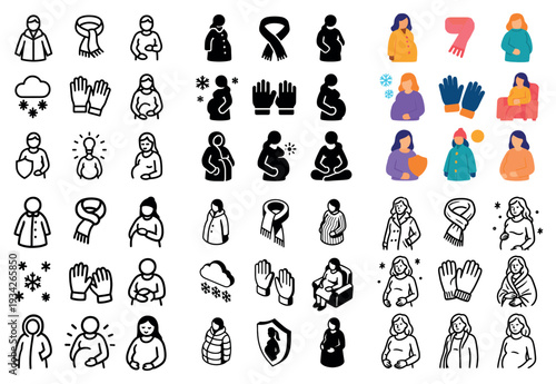Cozy maternity icons with scarf gloves colorful
