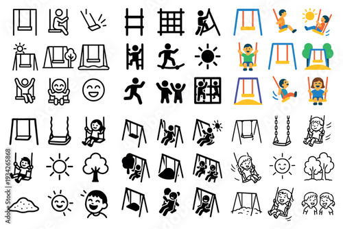 Playground icons with swing child sun colorful