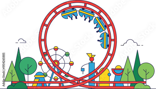 Colorful Cartoon Roller Coaster Illustration Amusement Park