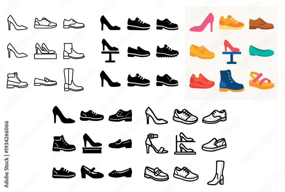 Fototapeta premium Footwear icons with heels sneakers flats minimal