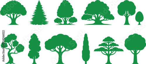 Green tree silhouettes collection with various forest and park trees flat vector illustration set isolated on white background