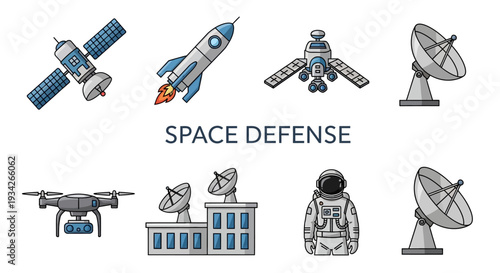 Flat illustration of various space defense related objects including satellites, rocket, drone and astronaut