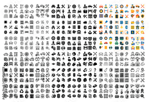 Transport icons with tire tool car minimal outline