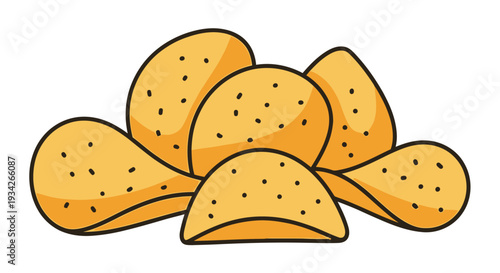 Pile of golden potato chips with visible salt grains isolated on a white background