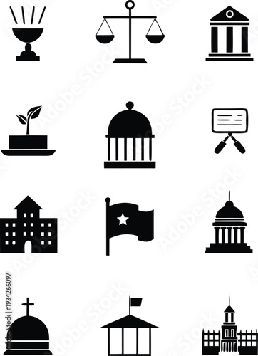 Black and white icons of government and legal institutions