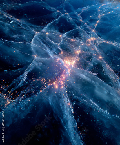 Abstract aerial view of skate marks on ice with colorful lighting