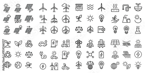 Clean energy icons with wind turbine solar panel line