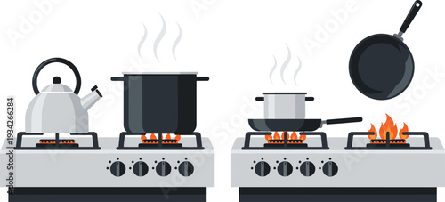 Kitchen Gas Stove Set with Boiling Pots, Kettle and Frying Pan on Open Flame Cooking Equipment Vector Illustration