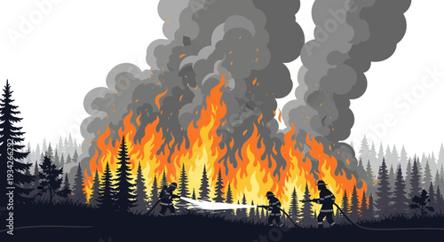 Illustration of a forest fire with flames and smoke rising, set against a backdrop of trees.