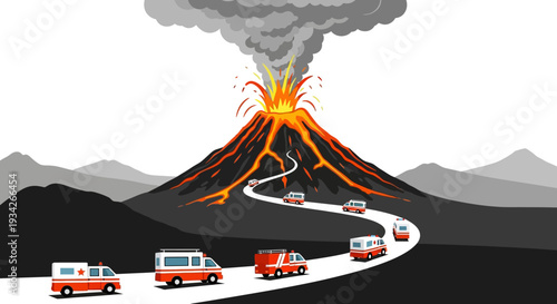 Emergency vehicles evacuating people from an erupting volcano with lava and ash