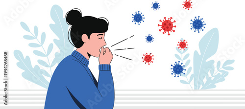 Woman Sneezing and Spreading Virus Germ Particles, Respiratory Infection and Airborne Disease Transmission Concept Vector Illustration