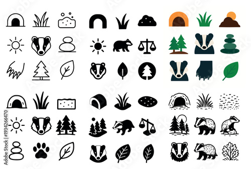 Wildlife icons with badger paw leaf flat colorful
