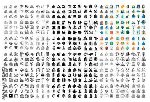 Mixed icons with buildings bus car outline colorful