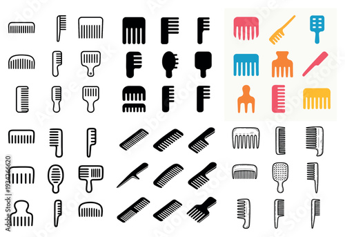 Hair care icons with comb brush minimal flat