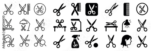 Haircut icons with scissors comb minimal outline