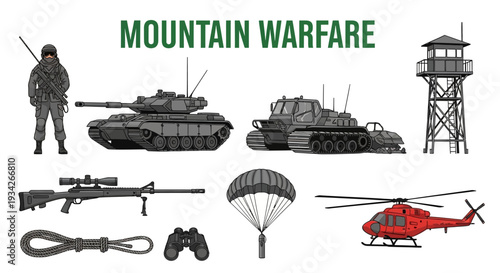Collection of military equipment and vehicles for mountain warfare operations