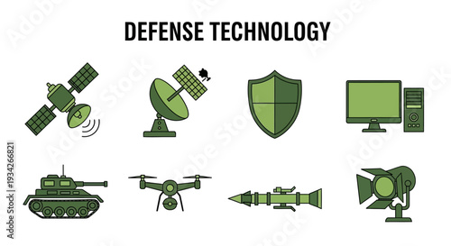 Collection of defense technology icons including satellite, radar, shield, computer, tank, drone, missile, and cannon on white background.