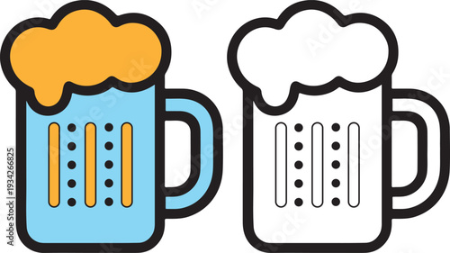 Blue beer mug with orange foam and outline drawing of a mug, great for menus and designs