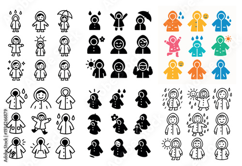 Rainy day icons with coat umbrella raindrop playful