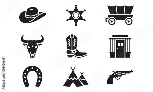 Collection of iconic western themed silhouette icons representing the wild west lifestyle and symbols